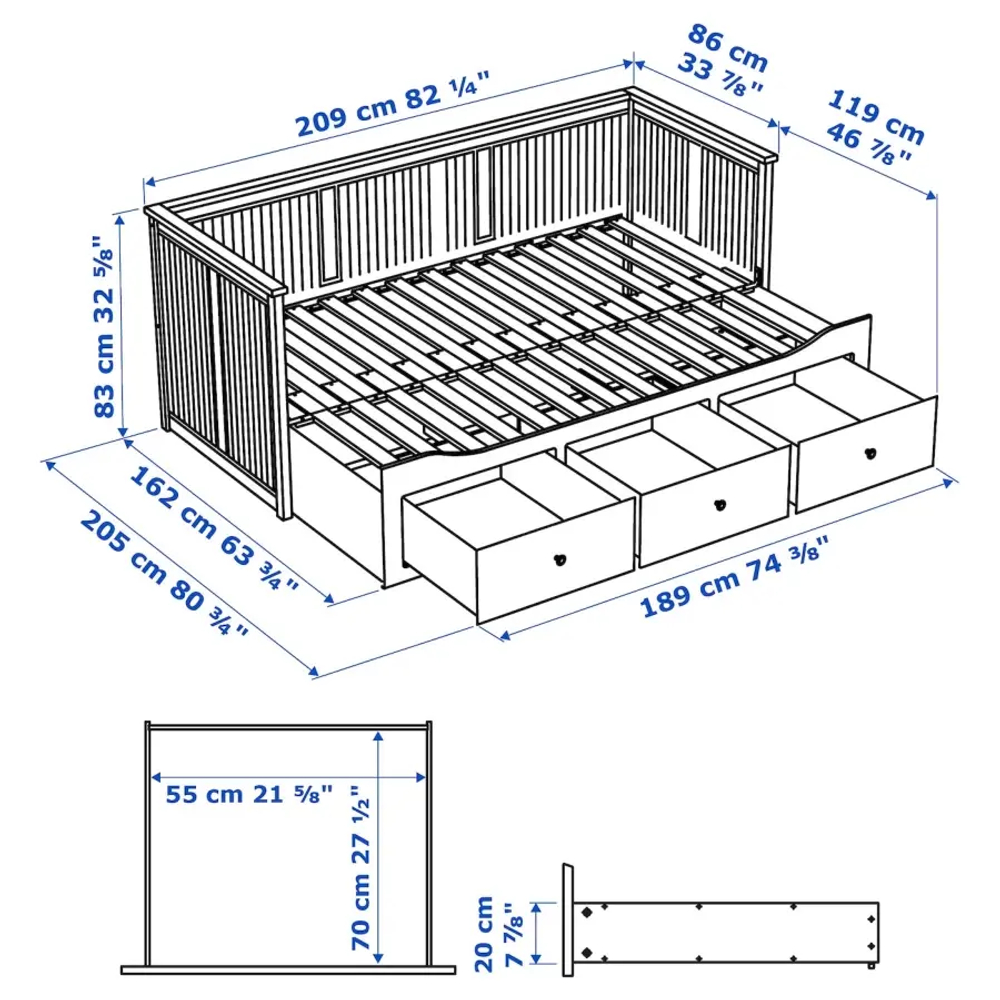 Кушетка с 3 ящиками - IKEA HEMNES/ХЕМНЭС ИКЕА, 83х209х89 см, белый