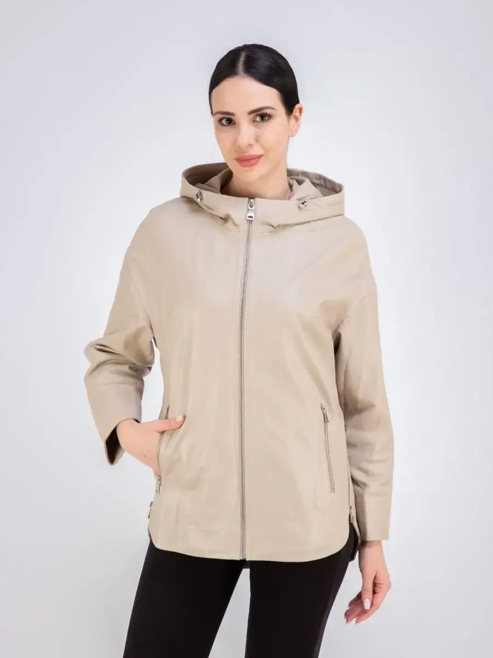 Куртка кожаная натуральная оверсайз с капюшоном