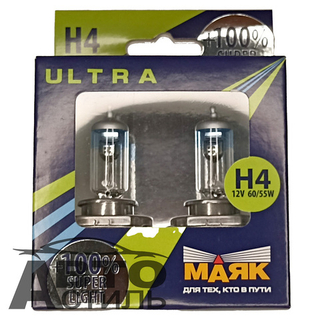 Автолампа H4 12V 60/55W P43t Маяк +100% Super Light 82420SL+100 (к-т)