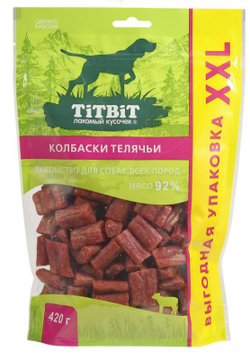 Лакомство TiTBiT для собак Колбаски Телячьи, выгодная упаковка XXL 420 г х 2 упаковки