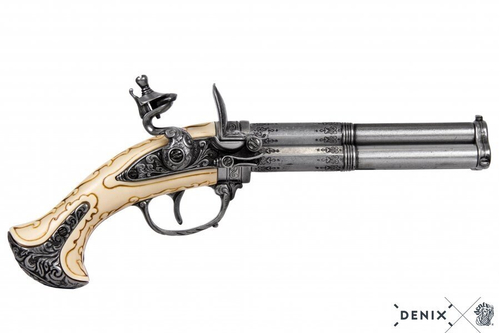 Пистоль 3-х ствольный револьверный, системы Флинтлок, рукоять - под слон. кость, Франция 18 в.