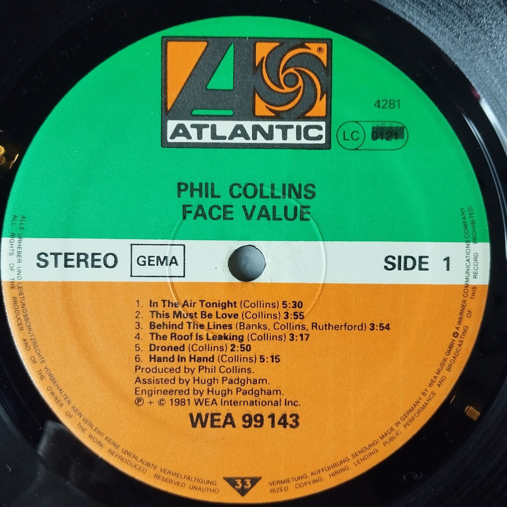 Винтажная виниловая пластинка LP Phil Collins Face Value (Germany 1981) The Roof Is Leaking