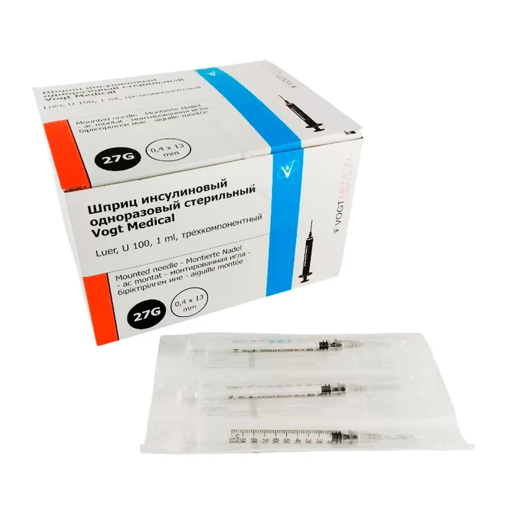 Шприц 1мл (3-комп) ИНСУЛ. U-100 надетой иглой 27G (0,4х13 мм.)(100шт/уп) Vogt Medical