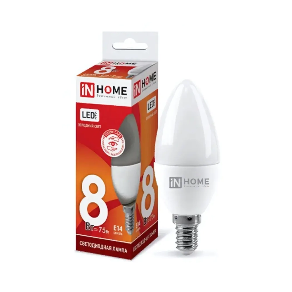 Лампа светодиодная IN HOME, Е14, 8Вт, C37 (свеча), 220В, 600Лм, 3000К (10)