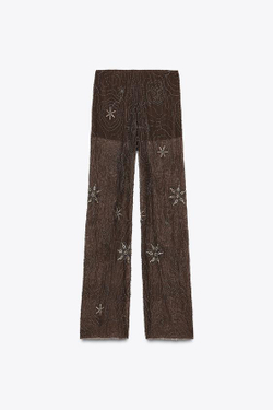 ZARA БРЮКИ С БУСИНАМИ И ПАЙЕТКАМИ, ШОКОЛАДНЫЙ