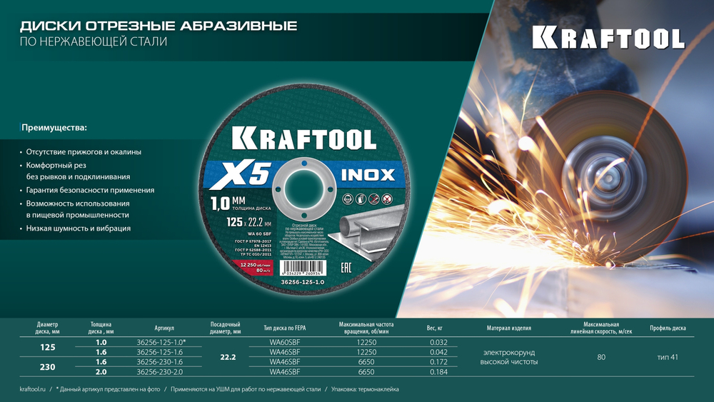 KRAFTOOL X5 INOX 230x1.6 мм по нерж. стали отрезной диск для УШМ (36256-230-1.6)