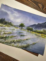 Картина авторская акварельная в паспарту 30х40 см на стену для интерьера "Дождливый день на рисовом поле"