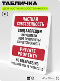 Табличка для частной территории "Частная собственность, вход запрещен", на дом, для участка, организаций, предупреждающая, 40х30 см, Silver Plane x Айдентика Технолоджи