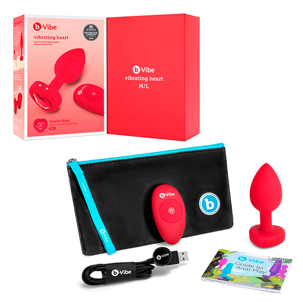 Красный анальный плаг с кристаллом-сердцем 10,5см b-Vibe Vibrating Heart Shape Jewel Plug M-L BV-051-RED