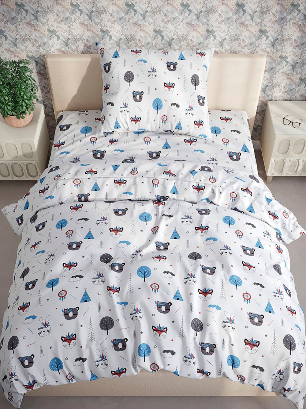 Постельное белье бязь Сказка "Индейцы" 1,5-сп Наволочка 50х70 см 1 шт Простынь на резинке 90x200 смПододеяльник 145x205 см