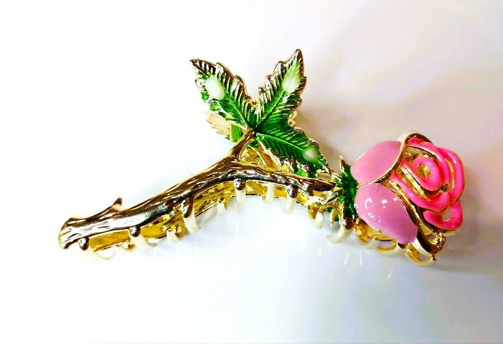 Заколка - краб для волос  цветок "Нежная роза". Цвет розовый. Металл.Усиленная.