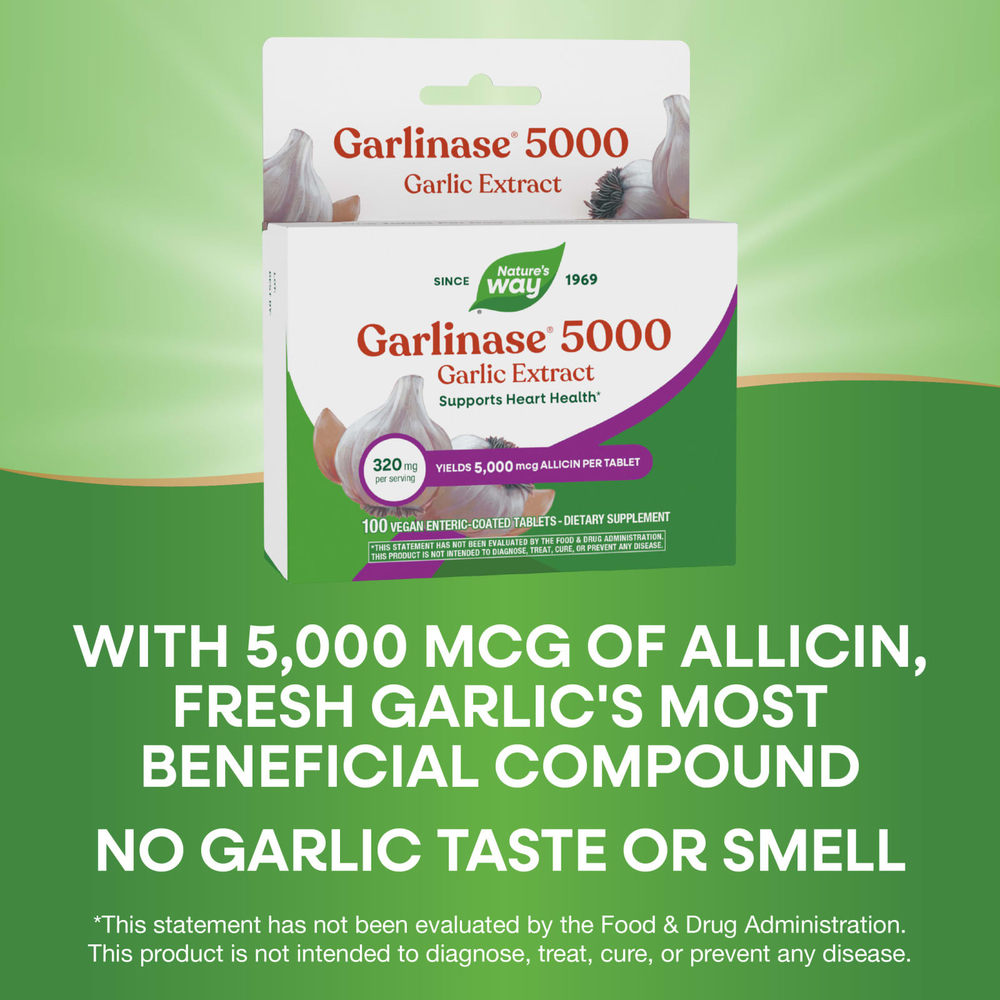 Nature's Way, Garlinase® 5000, экстракт чеснока, 320 мг, 100 веганских таблеток с кишечнорастворимой оболочкой