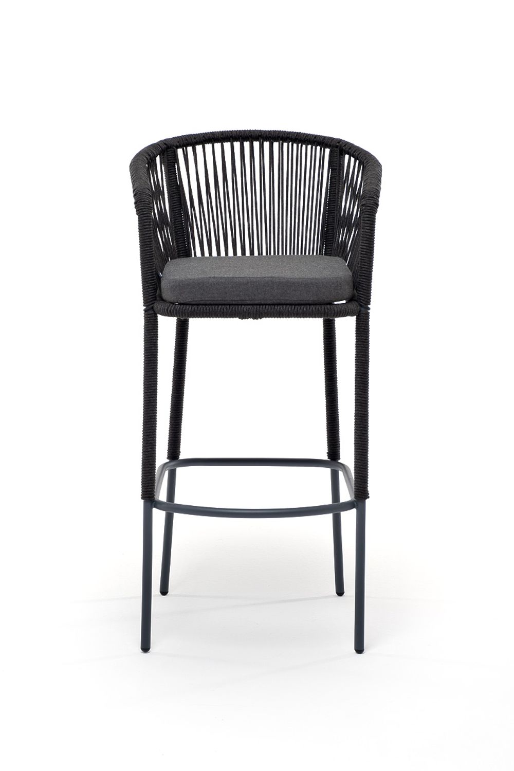 "Марсель" стул барный плетеный из роупа, каркас из стали темно-серый (RAL7024) муар, роуп темно-серый круглый, ткань темно-серая 027