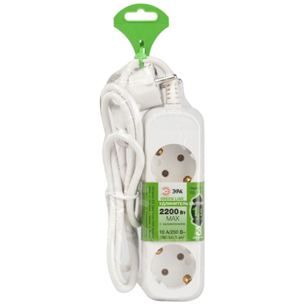 Удлинитель электрический ЭРА UDL-10-315-E Greenline 3 розетки с заземлением 1,5м ПВС 3x0.75мм2