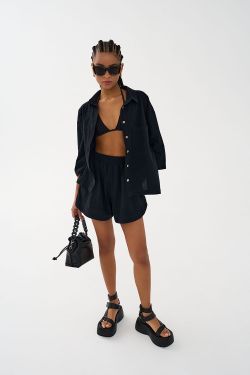 Рубашка с коротким рукавом из вареного хлопка черного цвета