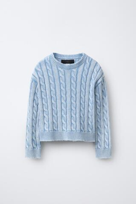 ZARA СВИТЕР С УЗОРОМ «КОСЫ» И ЭФФЕКТОМ ПОТЕРТОСТИ, БЕЛЫЙ/НЕБЕСНО-ГОЛУБОЙ