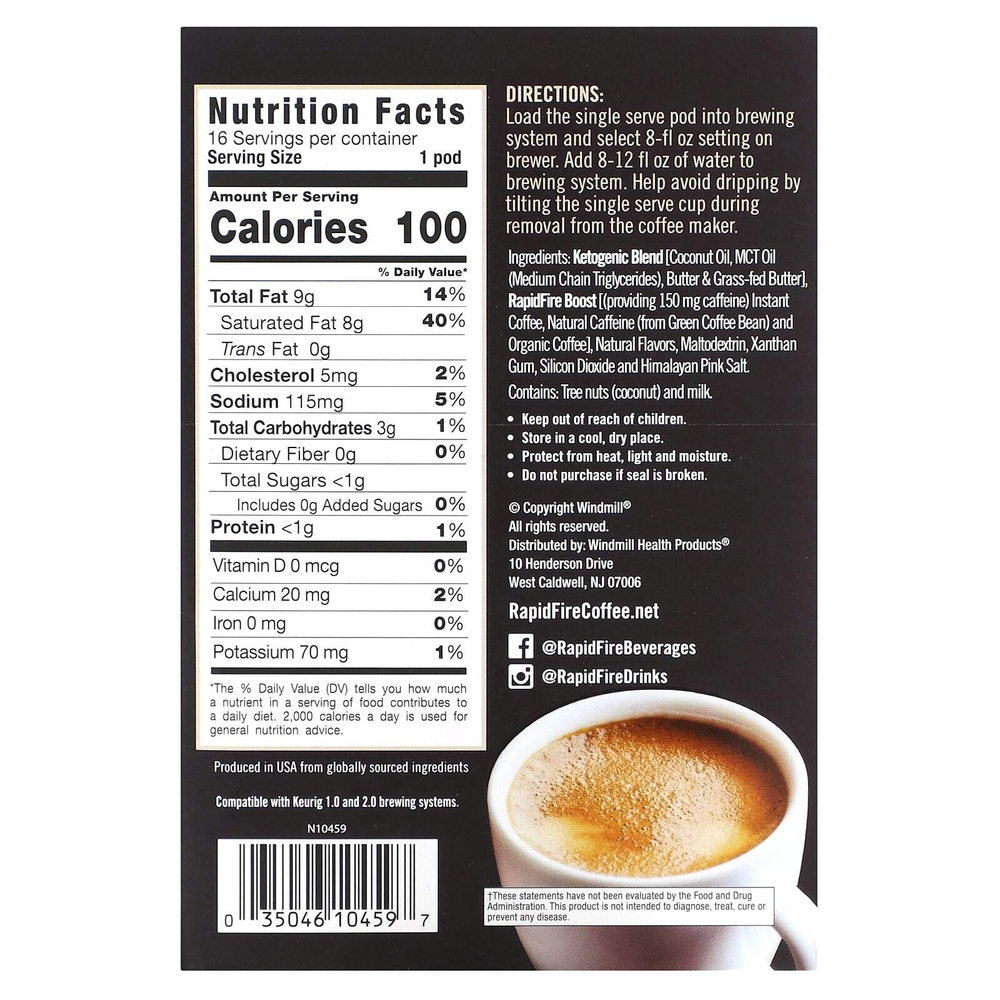 RAPIDFIRE, Keto Coffee Pods, оригинальная смесь, средней обжарки, 16 капсул по 15 г (0,53 унции)