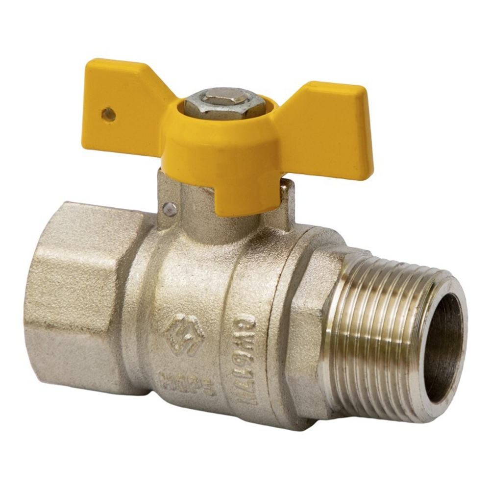 Кран латунный шаровой газовый MVI BV.814, DN 20, PN 5 25, никелированный, полнопроходной, муфта-штуцер, бабочка