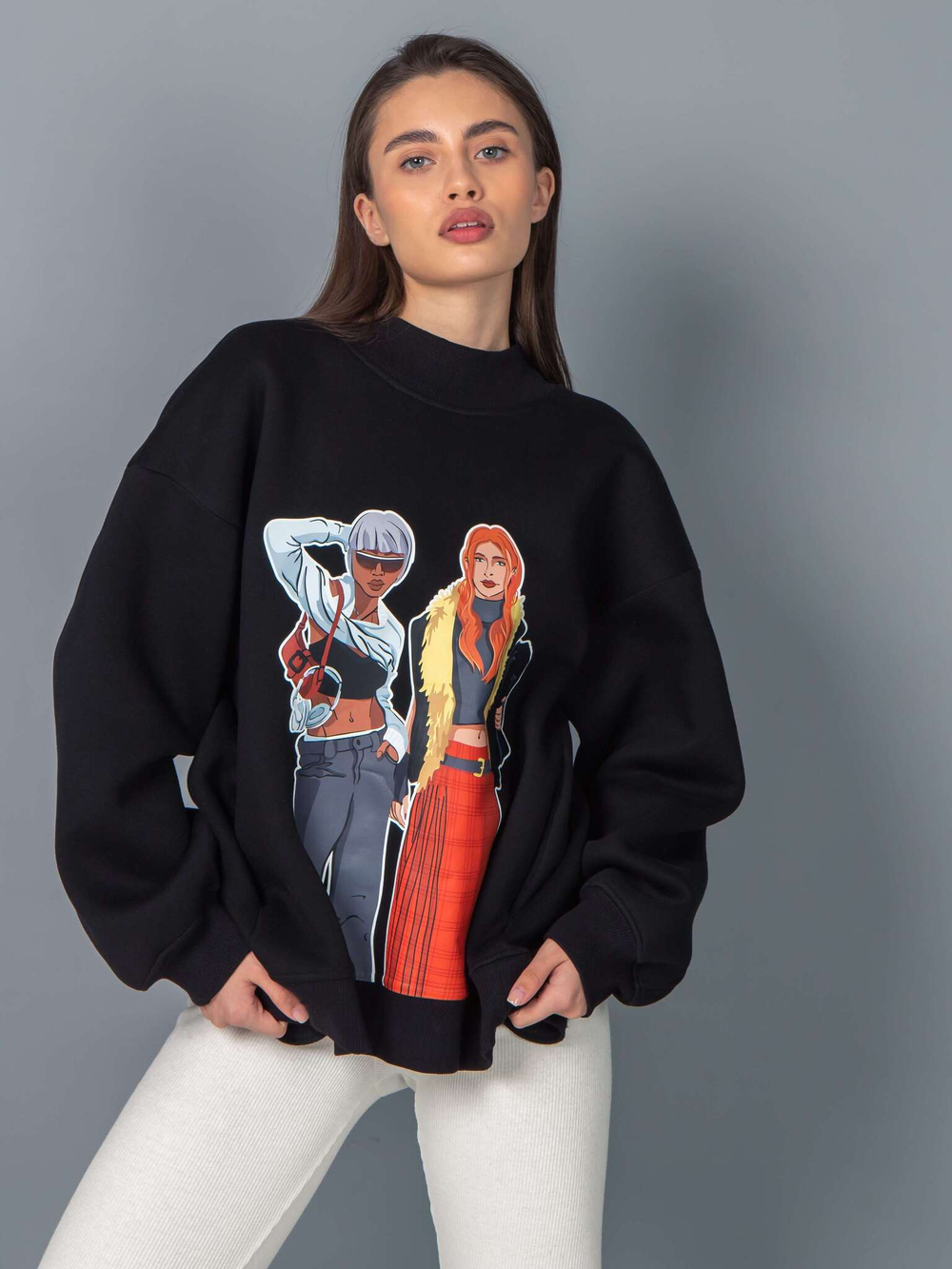 Свитшот женский оверсайз с принтом fashion girls черный