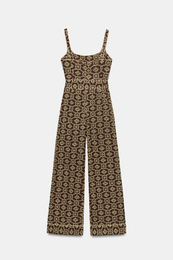 ZARA КОМБИНЕЗОН С ПЕРФОРИРОВАННОЙ ВЫШИВКОЙ И ПОЯСОМ, КОРИЧНЕВЫЙ/ЭКРЮ