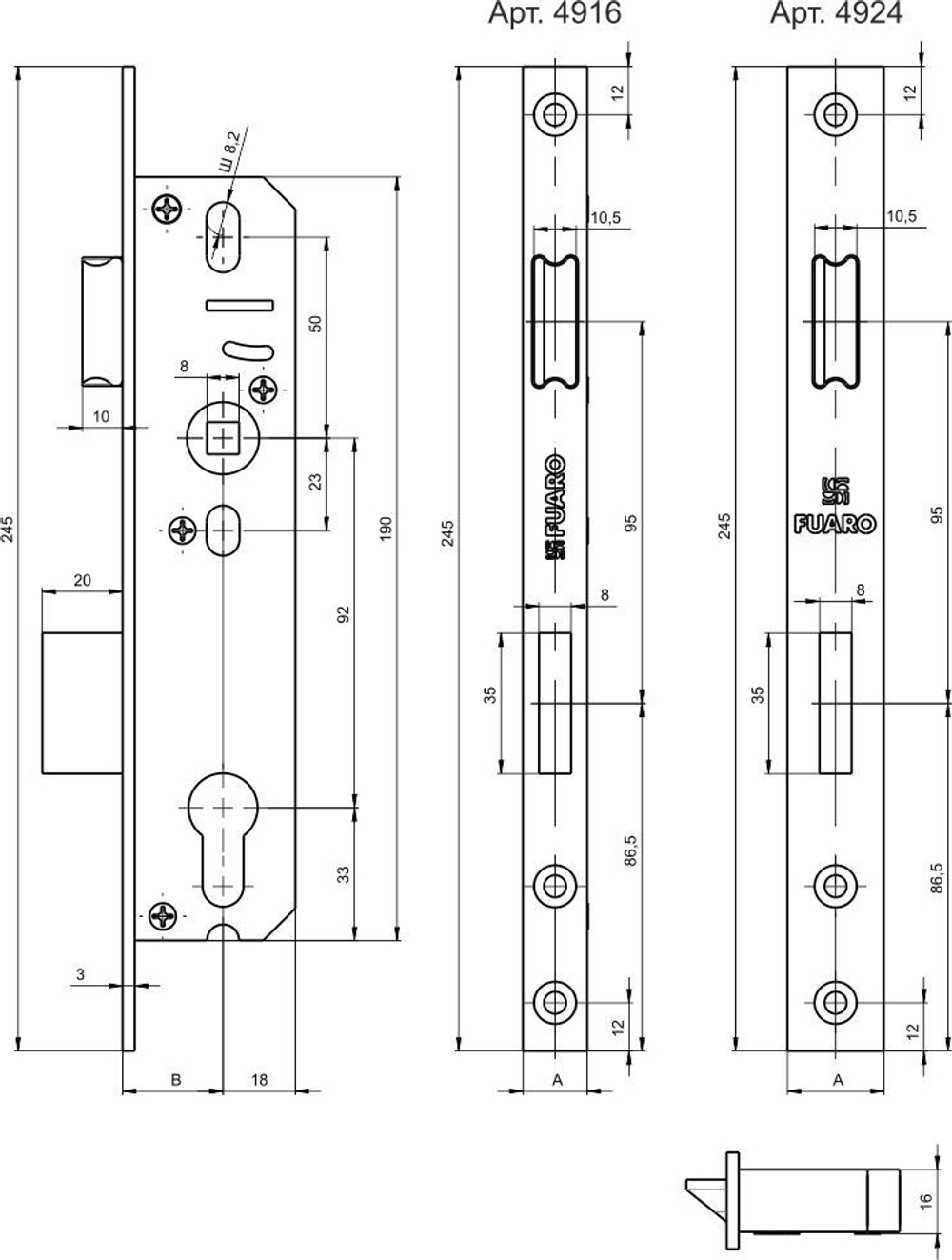 Корпус узкопрофильного замка с защелкой PROF4916-25/92 CP хром