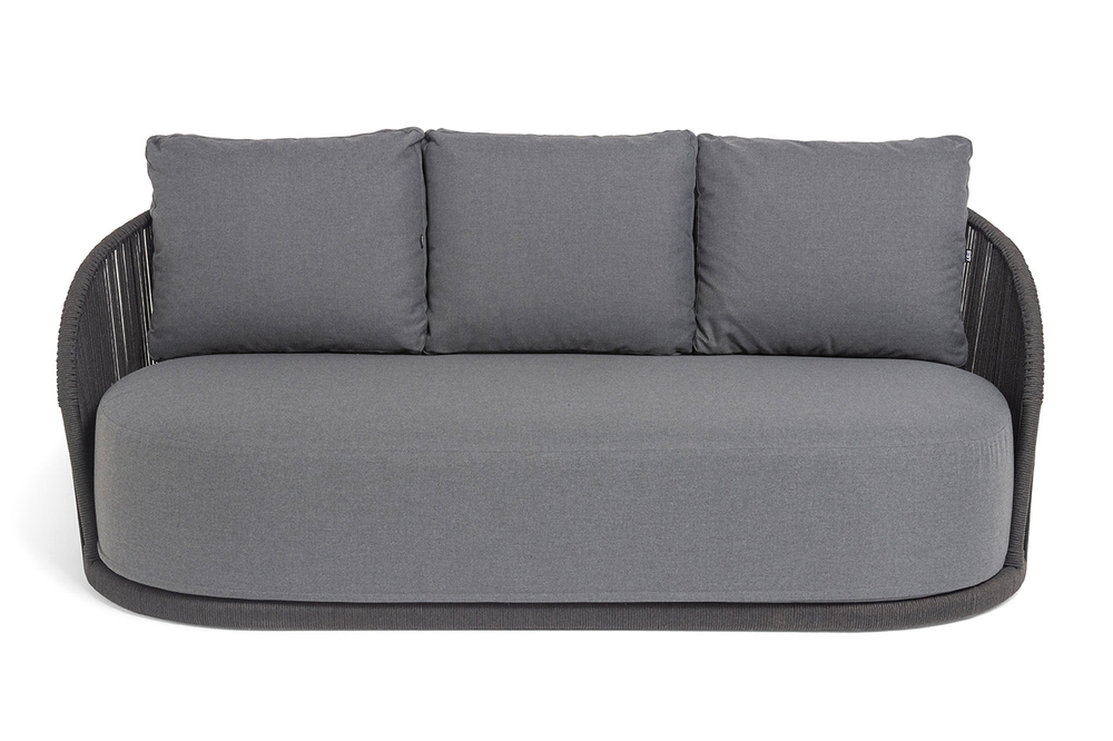 "Монтелла" диван 3-местный плетеный из роупа, каркас алюминий темно-серый (RAL7024) муар, роуп темно-серый круглый, ткань темно-серая 027