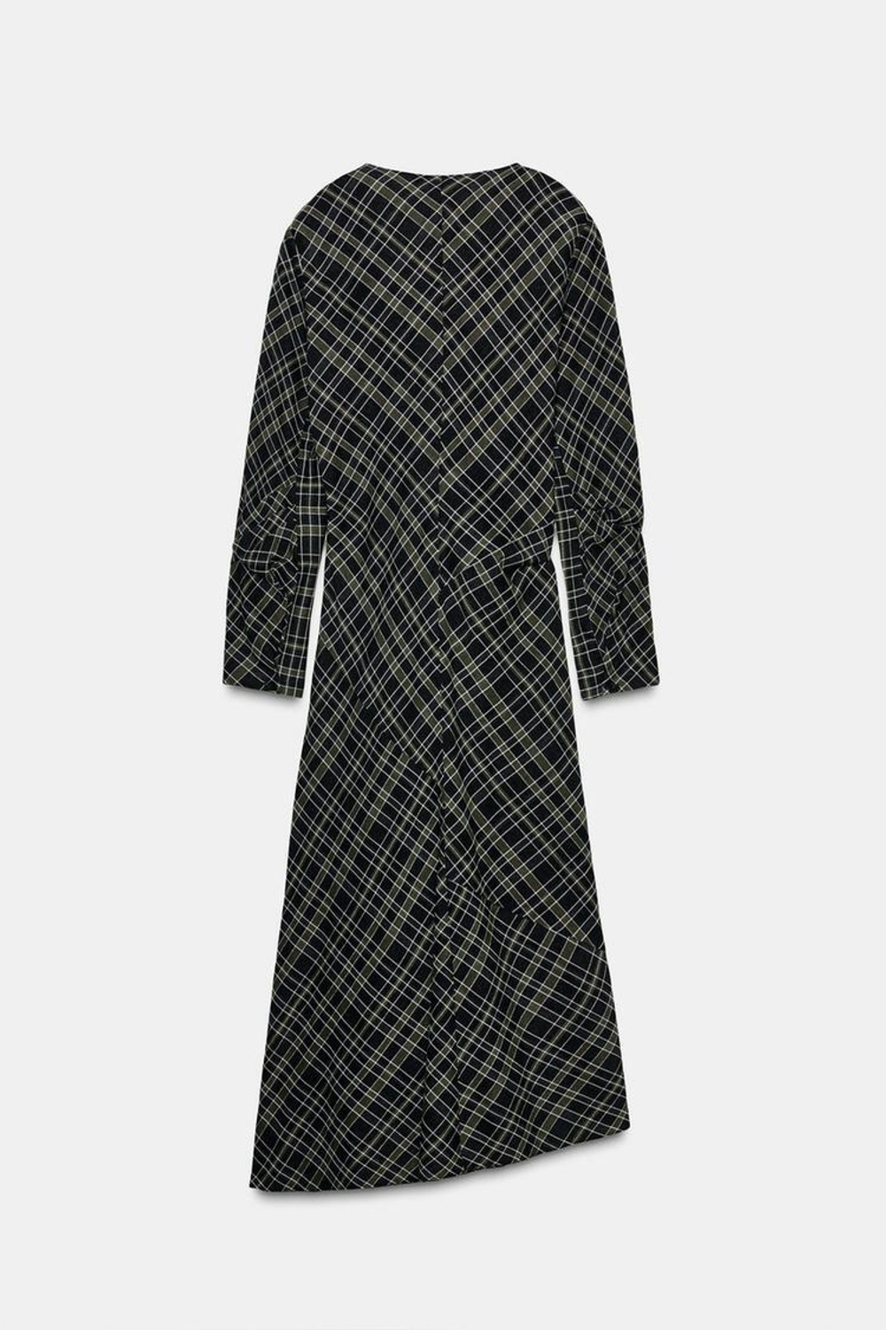 ZARA ПЛАТЬЕ В КЛЕТКУ СО СБОРКАМИ, АНТРАЦИТОВЫЙ/ХАКИ