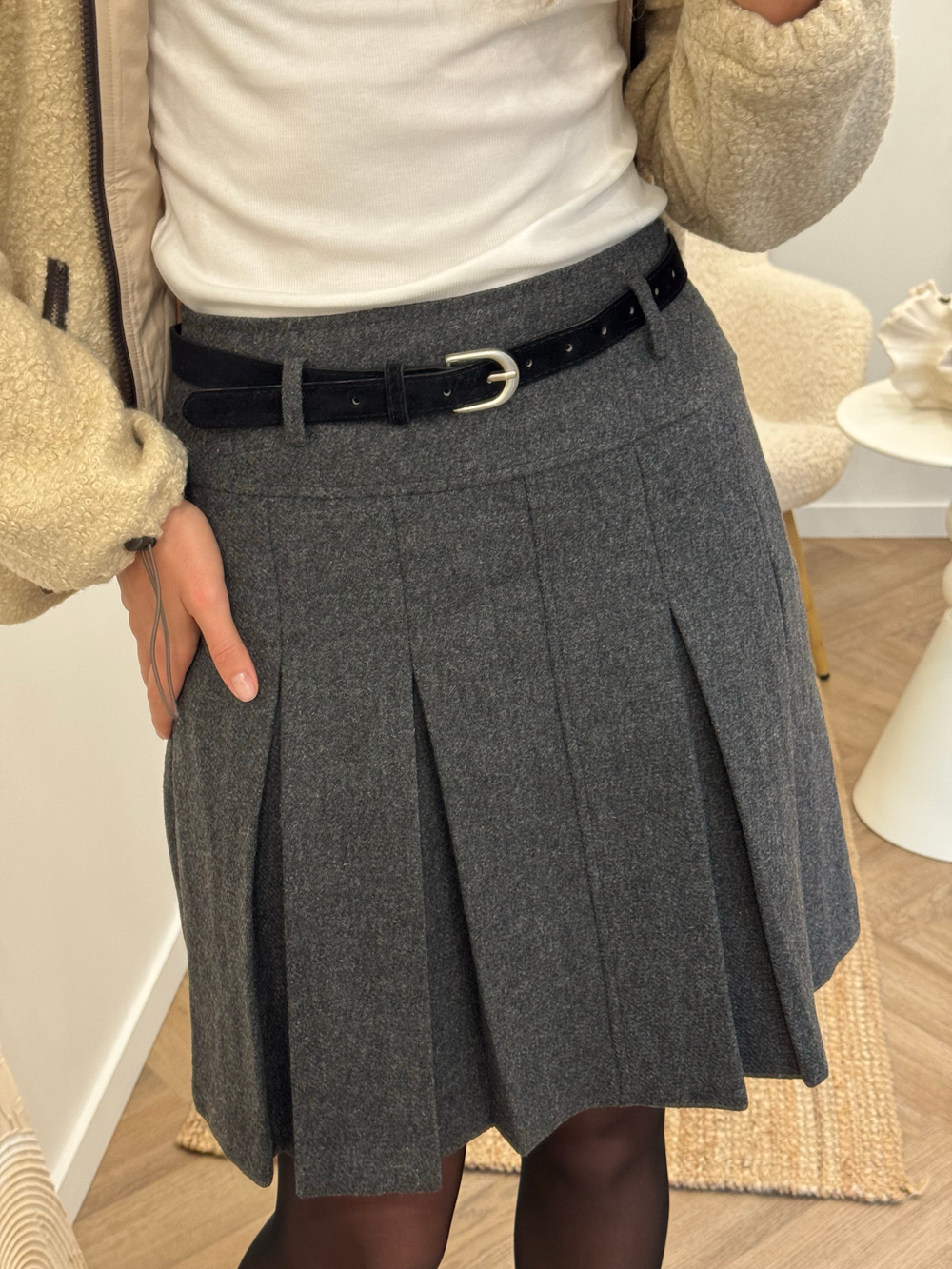 Шерстяная юбка в складку серый