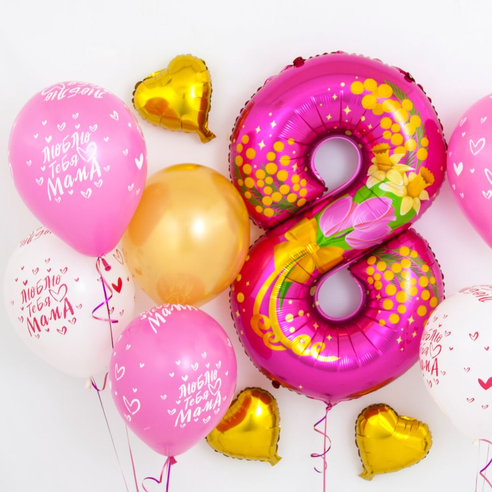 Шар (34''/86 см) Цифра, 8 Марта, Цветы, Фуше, 1 шт. в уп.