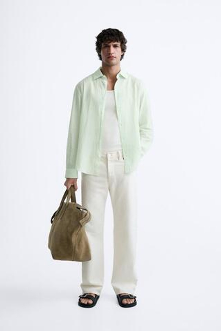ZARA РУБАШКА ИЗ РЕЛЬЕФНОГО ХЛОПКА, ЗЕЛЕНЫЙ/БЕЛЫЙ