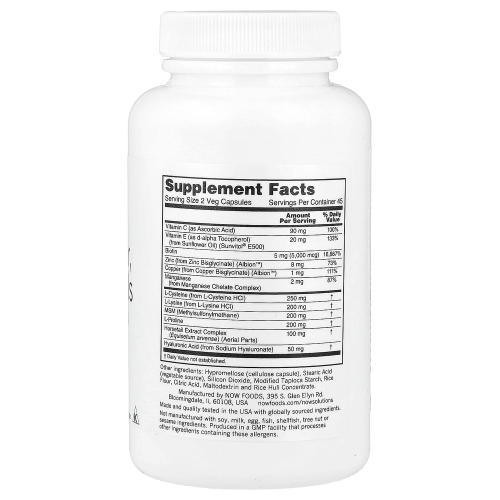 NOW Foods, Solutions, веганская добавка для здоровья волос, кожи и ногтей, 90 вегетарианских капсул