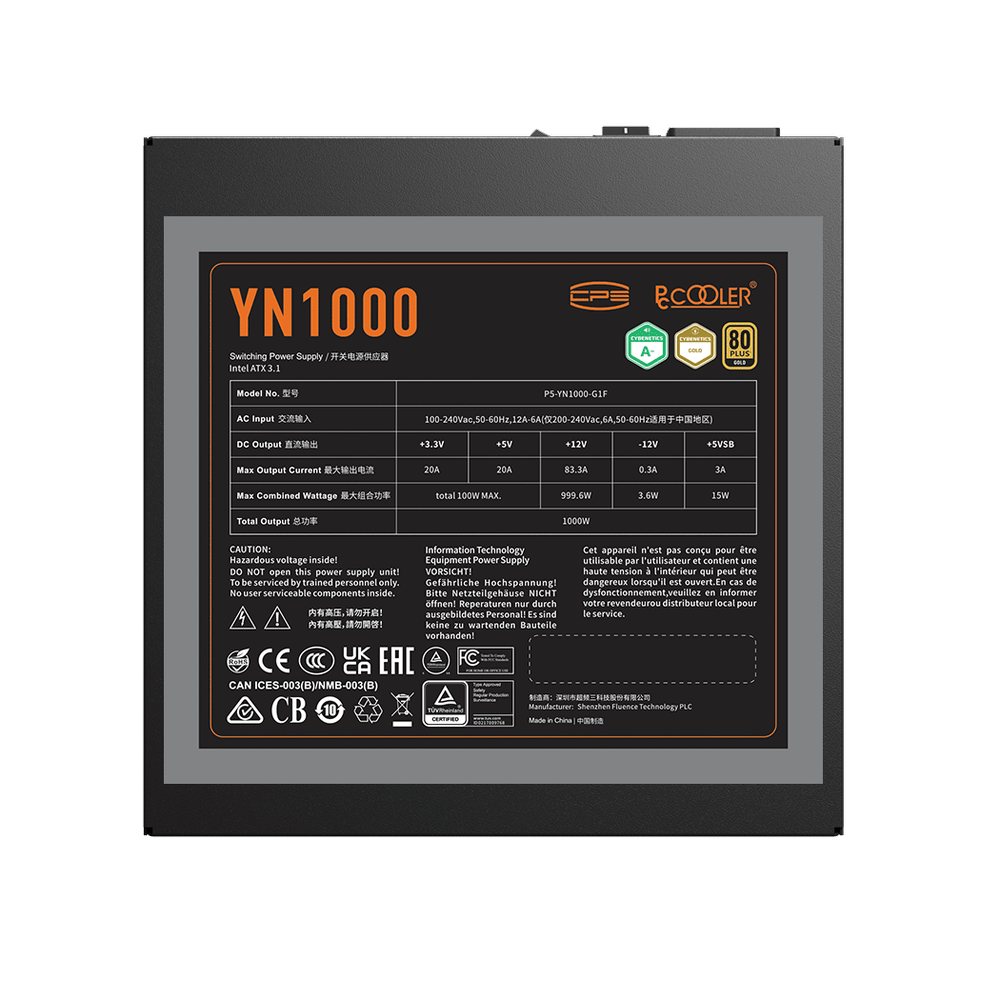 Блок питания PCCooler 1000W, YN1000, Full Modular, 80+ GOLD, 90.5%, Fan 135mm, Черный, P5-YN1000-G1F