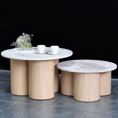 Комплект журнальных столиков с камнем Лейна лофт 2 шт, дизайнерский кофейный столик в гостиную, белый обеденный круглый стол
