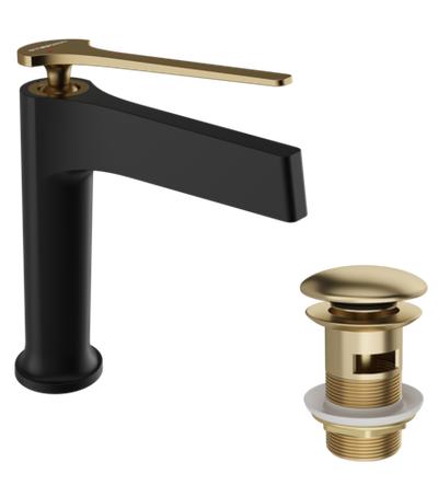 Смеситель для раковины STWORKI Аулум S06010BG матовый черный, матовое золото + донный клапан SD-001GM матовое золото