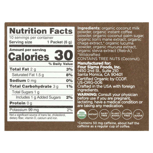 Four Sigmatic, Think, смесь для приготовления органического латте с ежовиком гребенчатым и грибом чага, 10 пакетиков по 6 г (0,21 унции)