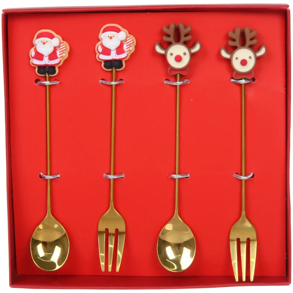 Набор для десерта «Дед Мороз и Олень» 4предмета (2ложки+2вилки) в подарочной коробке, золото