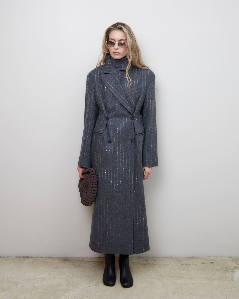 Пальто с дополнительными петлями из шерсти Стелла Маккартни полоска серый