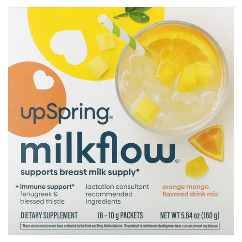 UpSpring, Milkflow®, смесь для приготовления напитка, апельсин и манго, 16 пакетиков по 10 г (0,35 унции)