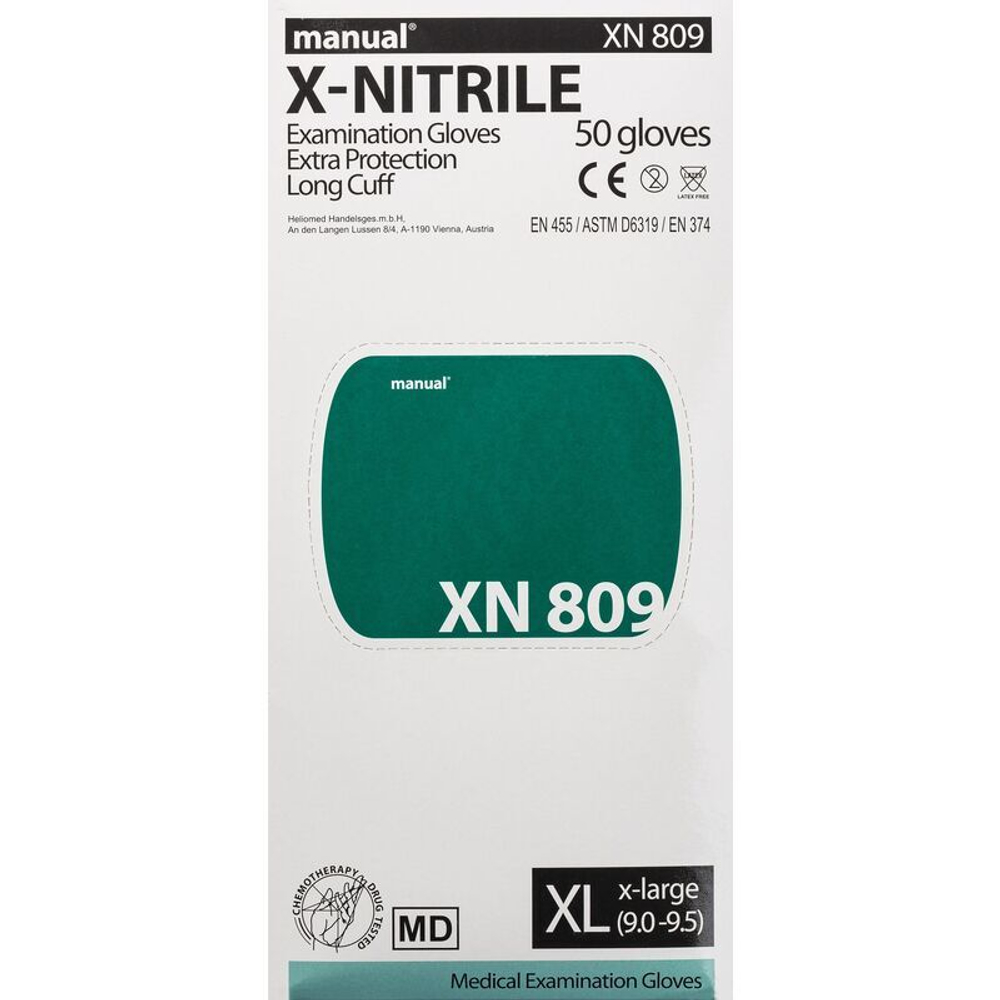Перчатки медицинские смотровые Manual XN 809 нитриловые неопудренные удлиненные зеленые (размер XL, 50 штук/25 пар в упаковке)