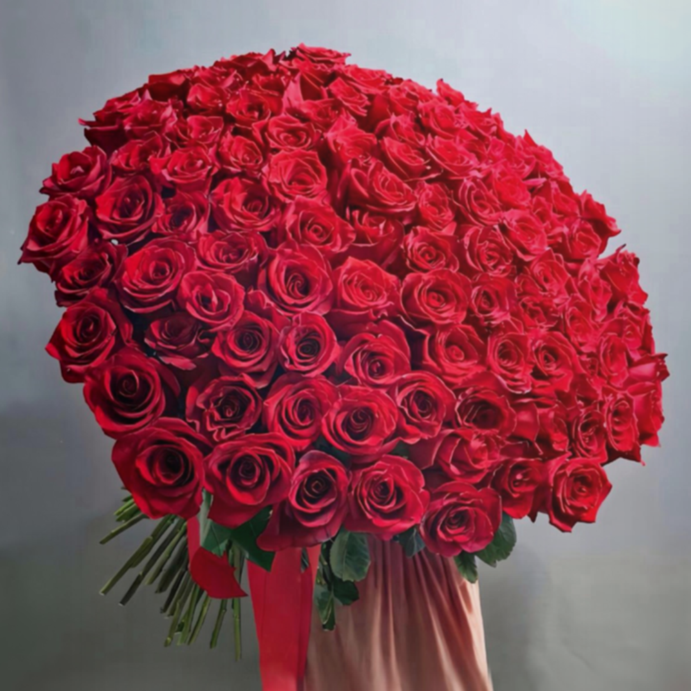 Букет из 101 красной розы сорта "Эксплорер" под ленту (Эквадор 60 см)