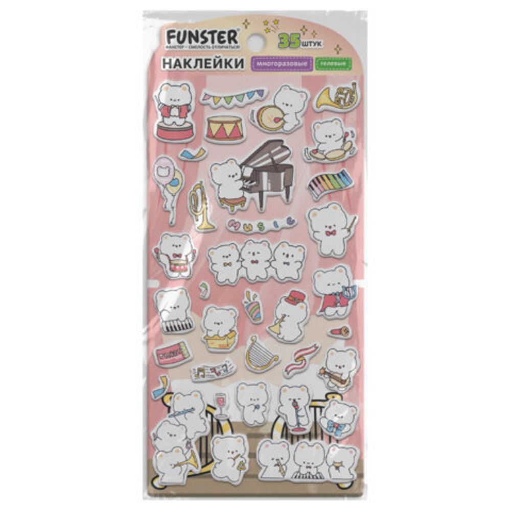Наклейки гелевые "Зверята", 17,5х9 см, ассорти 6 видов, FUNSTER (ФАНСТЕР), 666080