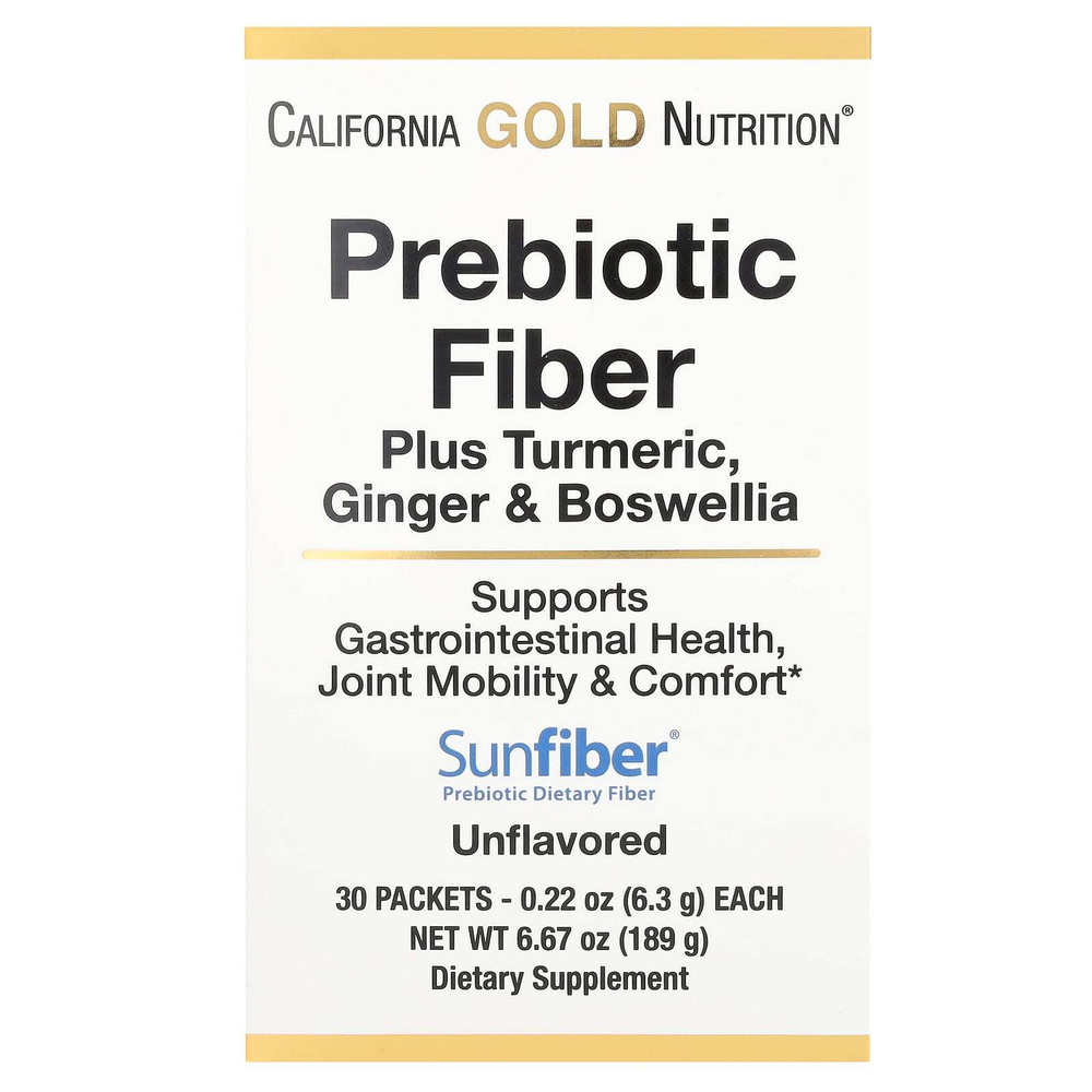 California Gold Nutrition, пребиотическая клетчатка с экстрактами куркумы, органического имбиря и босвеллии, 30 пакетиков по 6,3 г (0,22 унции)