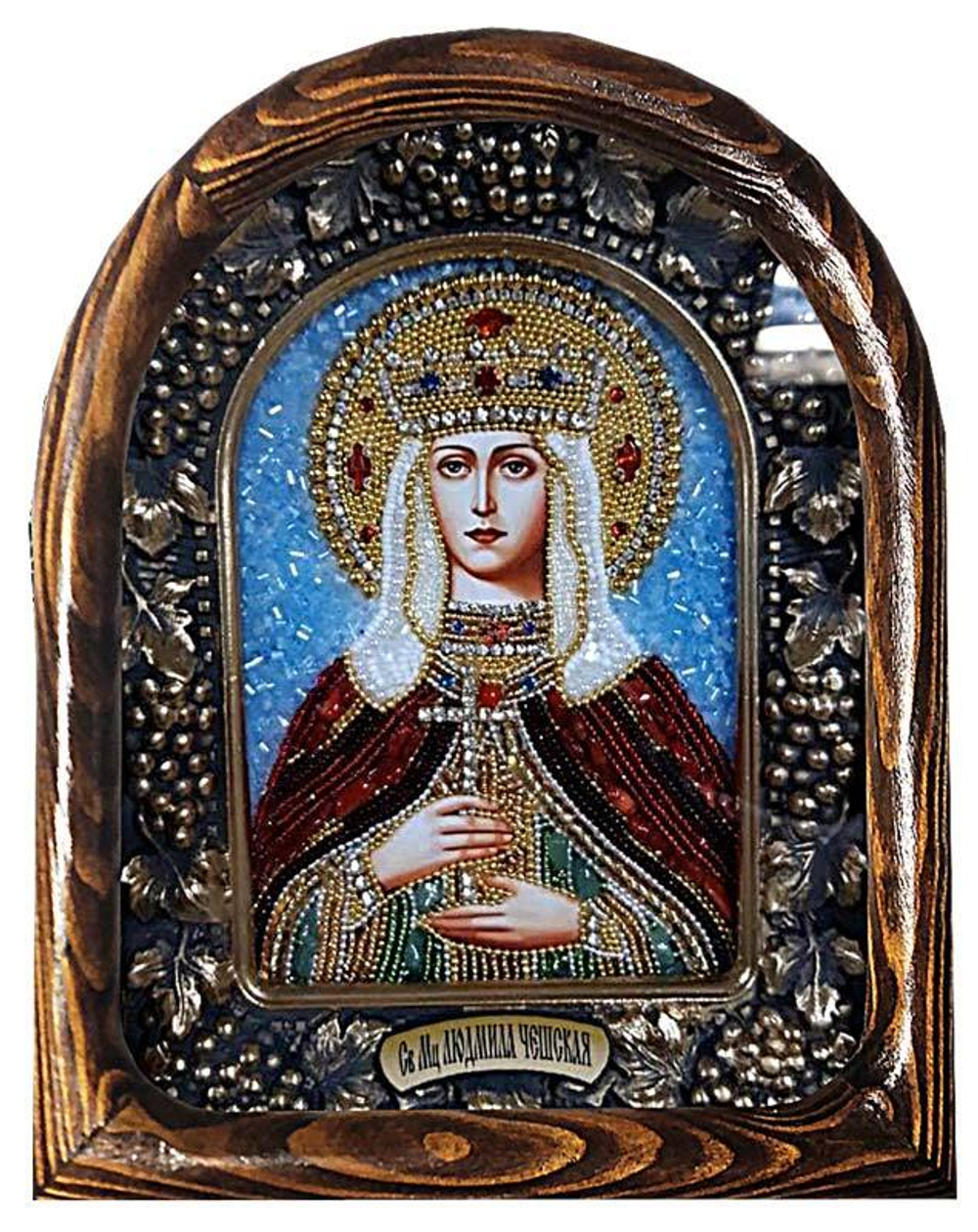 Дивеевская икона святая мученица Людмила Чешская, печать, коралл, хризолит и бисер
