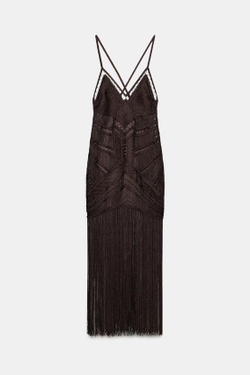 ZARA ДЛИННОЕ ПЛАТЬЕ С БАХРОМОЙ — ZW COLLECTION, КОРИЧНЕВЫЙ