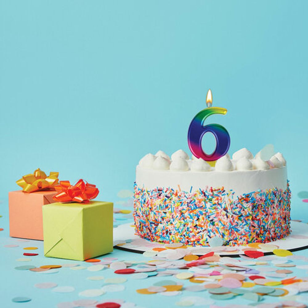Свеча-цифра для торта "6" "Радужная", 9 см, ЗОЛОТАЯ СКАЗКА, с держателем, в блистере, 591439