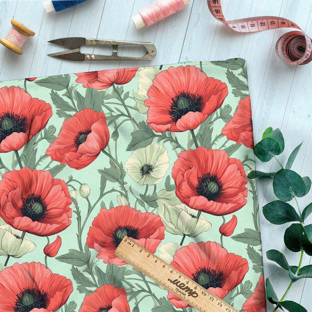 Ткань премиум дюспо крупные маки с белыми цветами