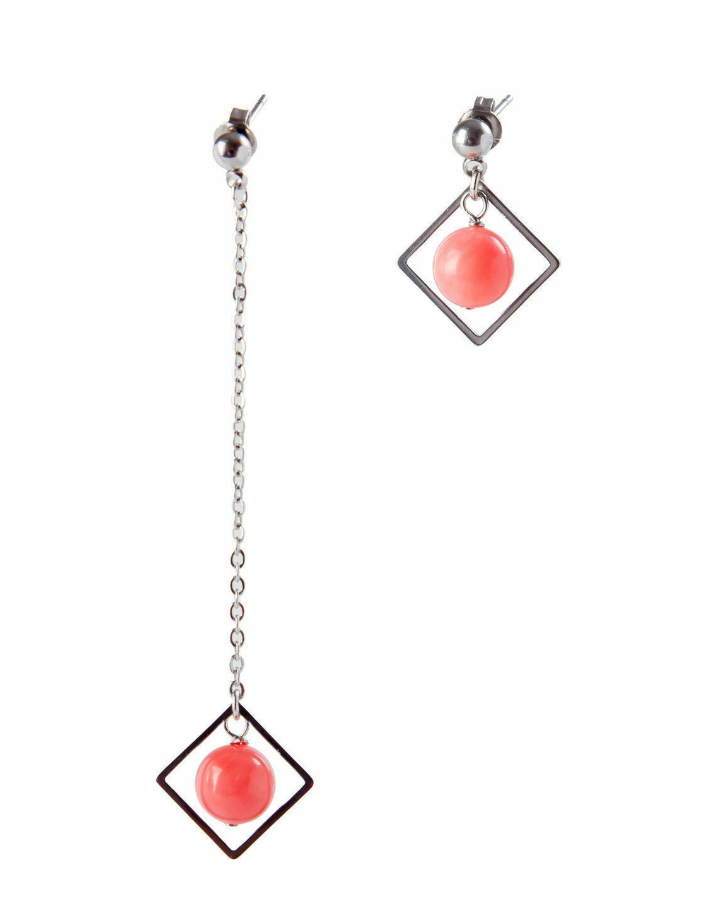 Серьги с кораллом на цепочке, асимметричные серёжки гвоздики