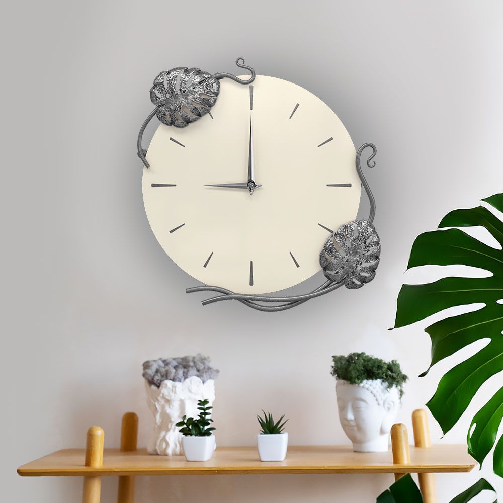 Часы настенные Monstera Deliciosa (Монстера) Колор Кремовый белый Сильвер
