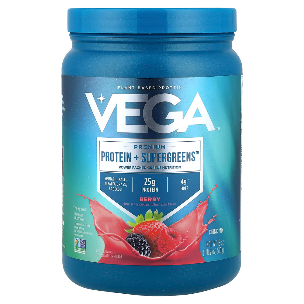 Vega, Premium, Protein + Supergreens™, протеиновая добавка с зеленью, ягодный микс, 510 г (1 фунт 2 унции)