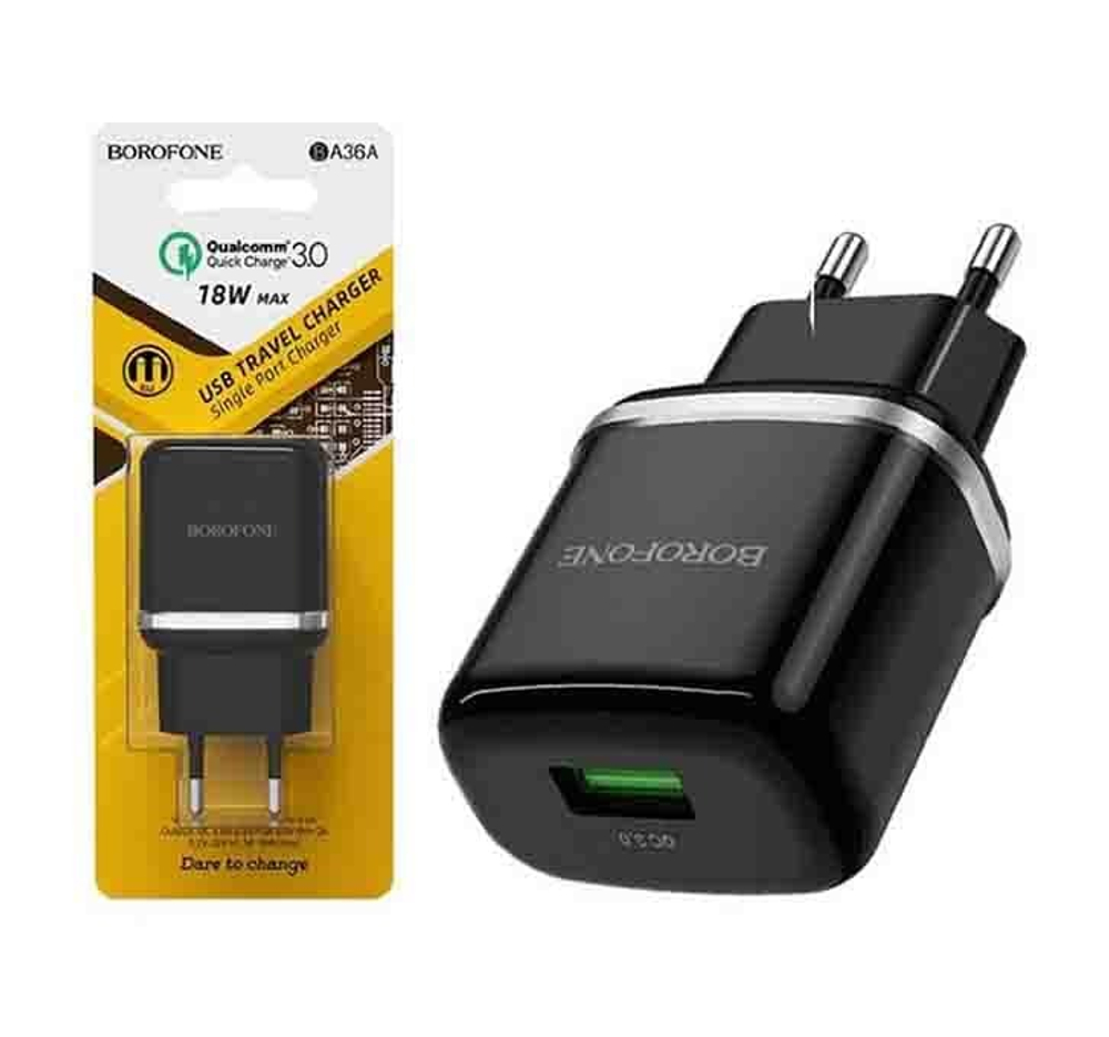 Сетевой адаптер питания BOROFONE BA36A 1USB QC 3.0 (черный)